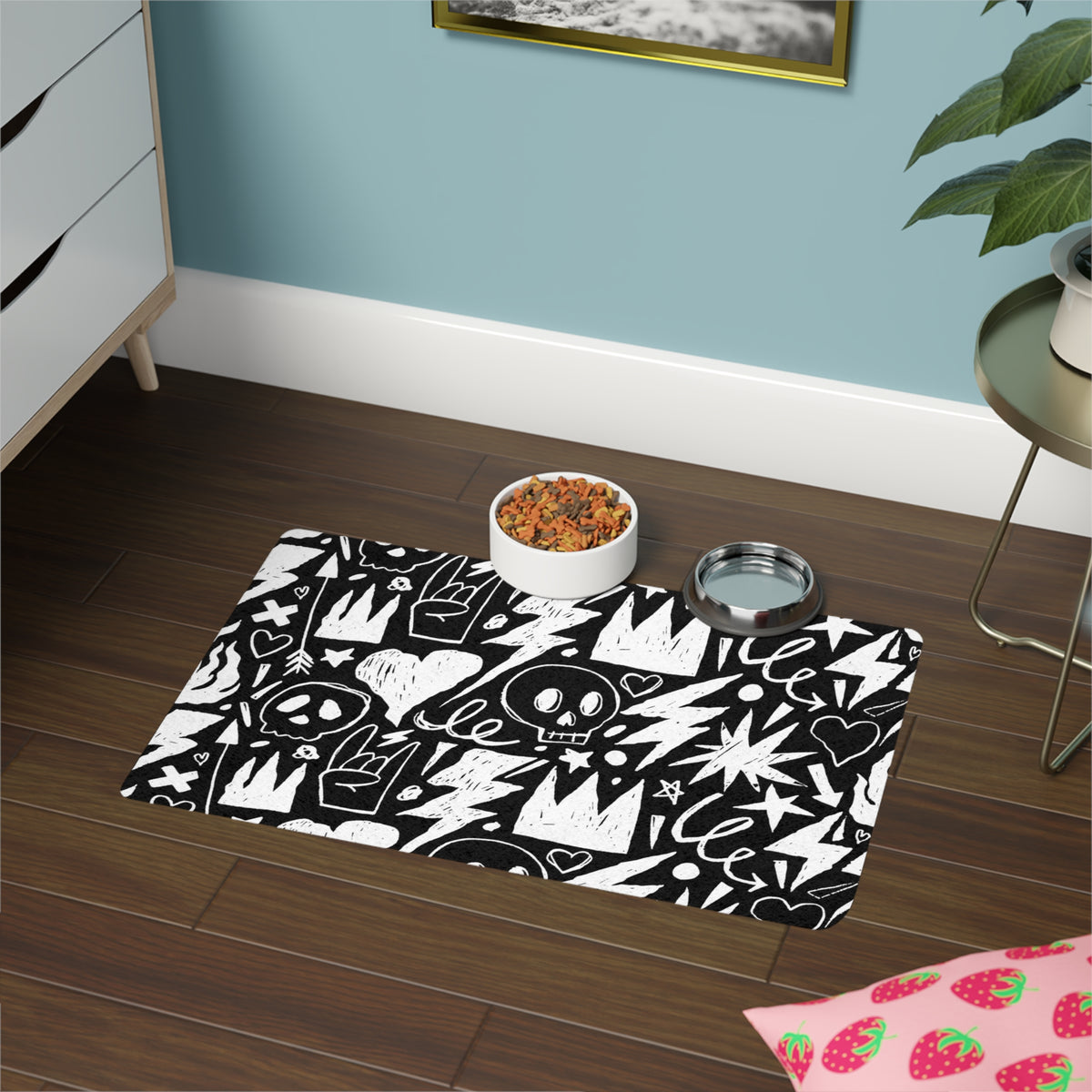 Black Skull Crown Lightning Pet Food Mat |  Dog Bowl Placemat
