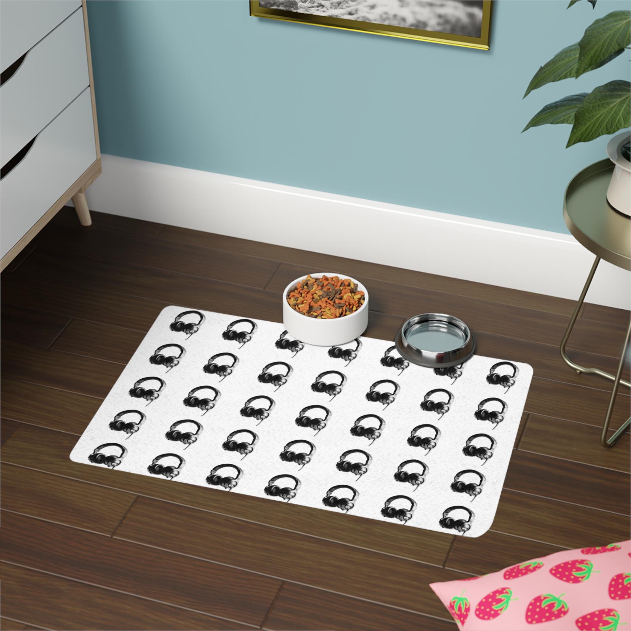 Headphones Pattern Pet Food Mat, Non-Slip Waterproof Dog Feeding Mat