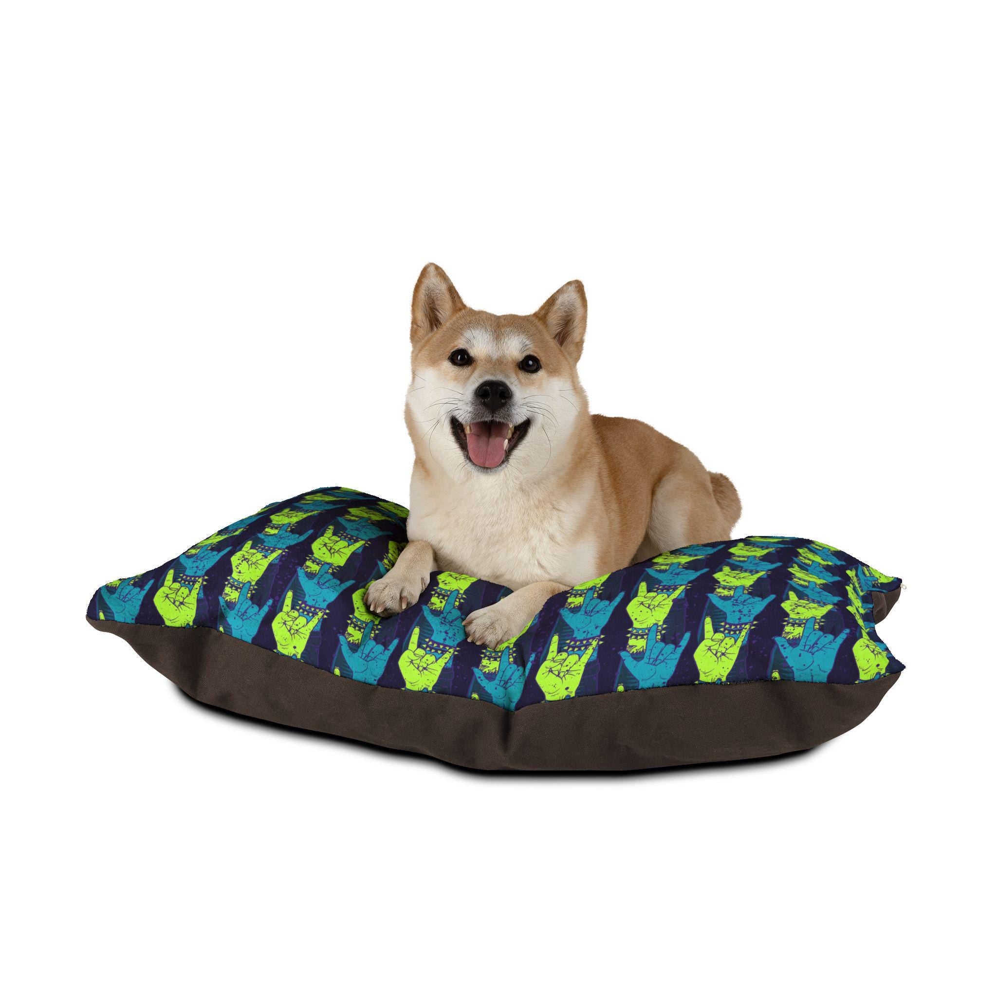 Rock Hand Pattern Pet Bed | Neon Blue Green Repeat Design