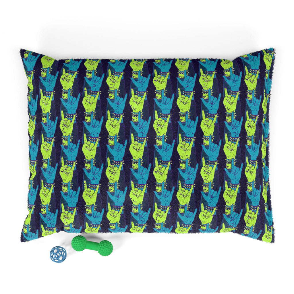 Rock Hand Pattern Pet Bed | Neon Blue Green Repeat Design