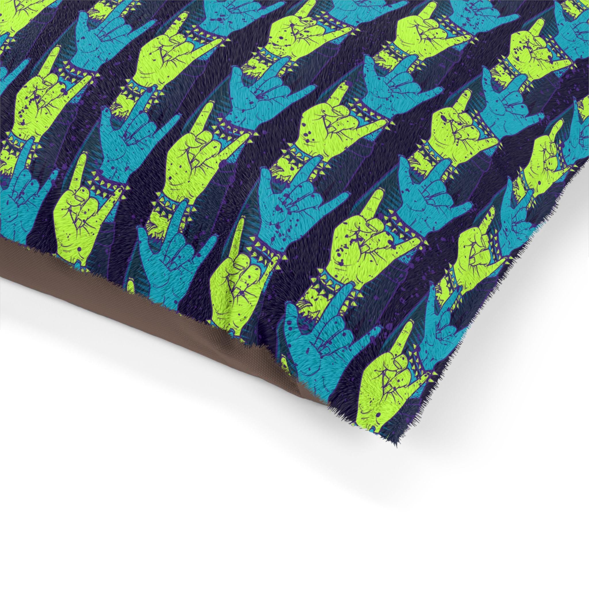 Rock Hand Pattern Pet Bed | Neon Blue Green Repeat Design