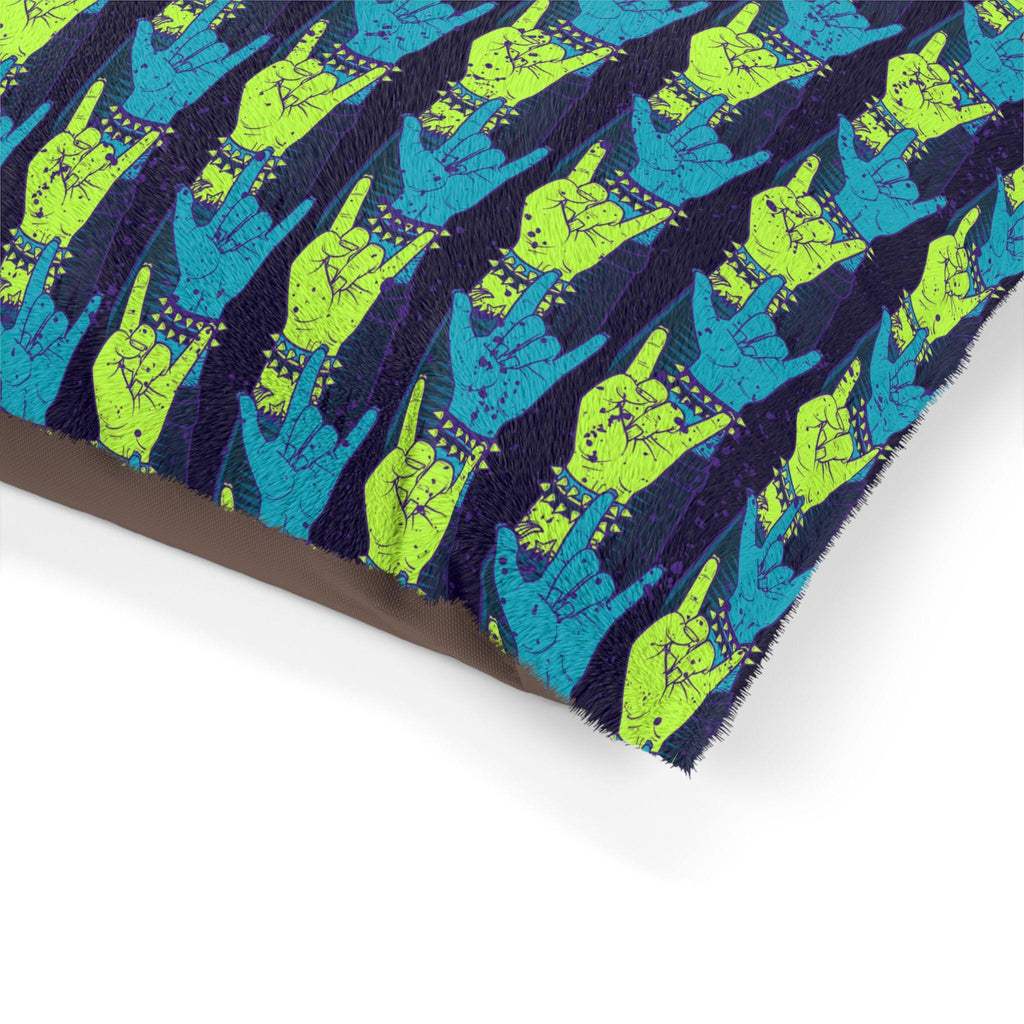Rock Hand Pattern Pet Bed | Neon Blue Green Repeat Design