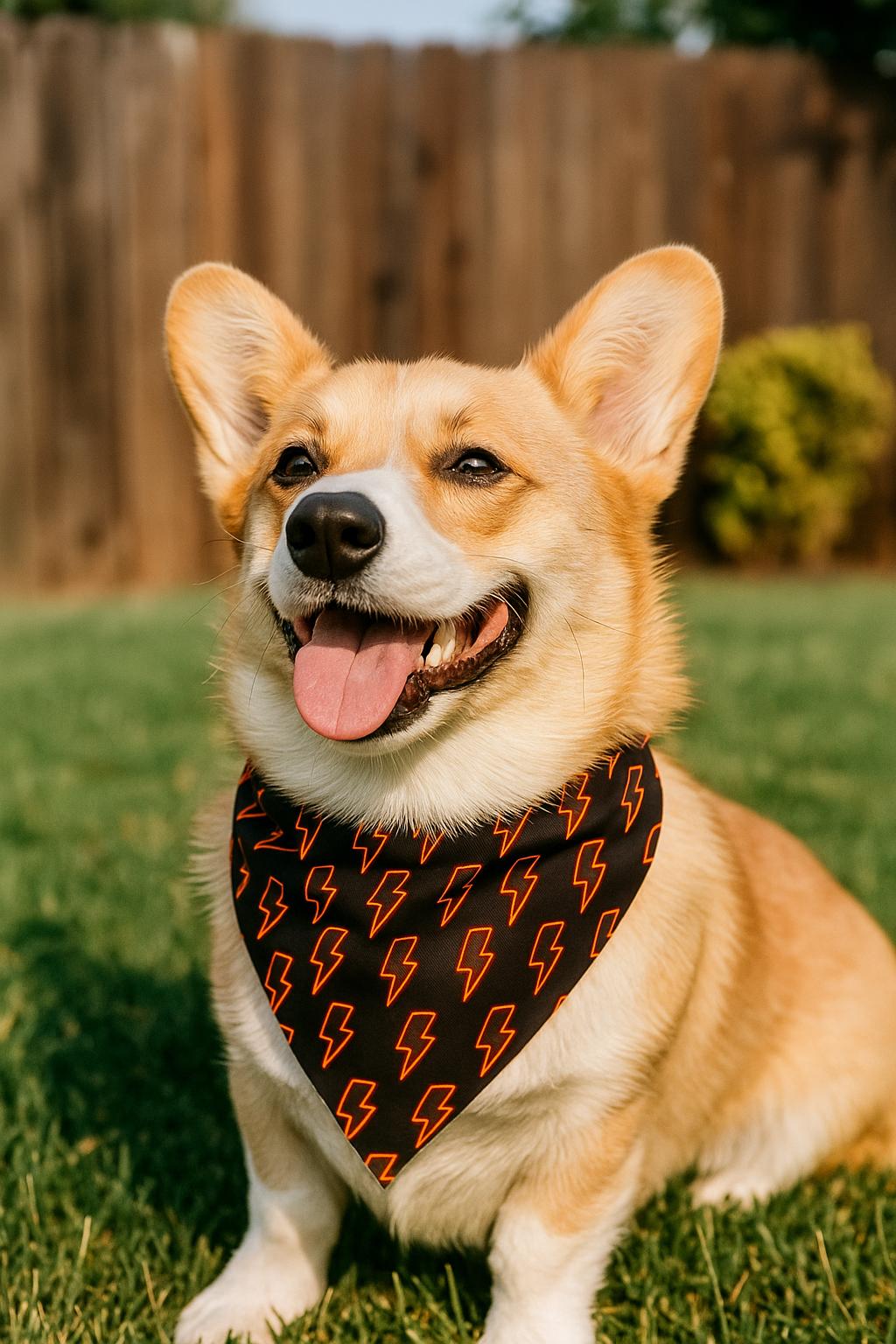 Black Dog Bandana with Orange Lightning Bolts, Pet Scarf
