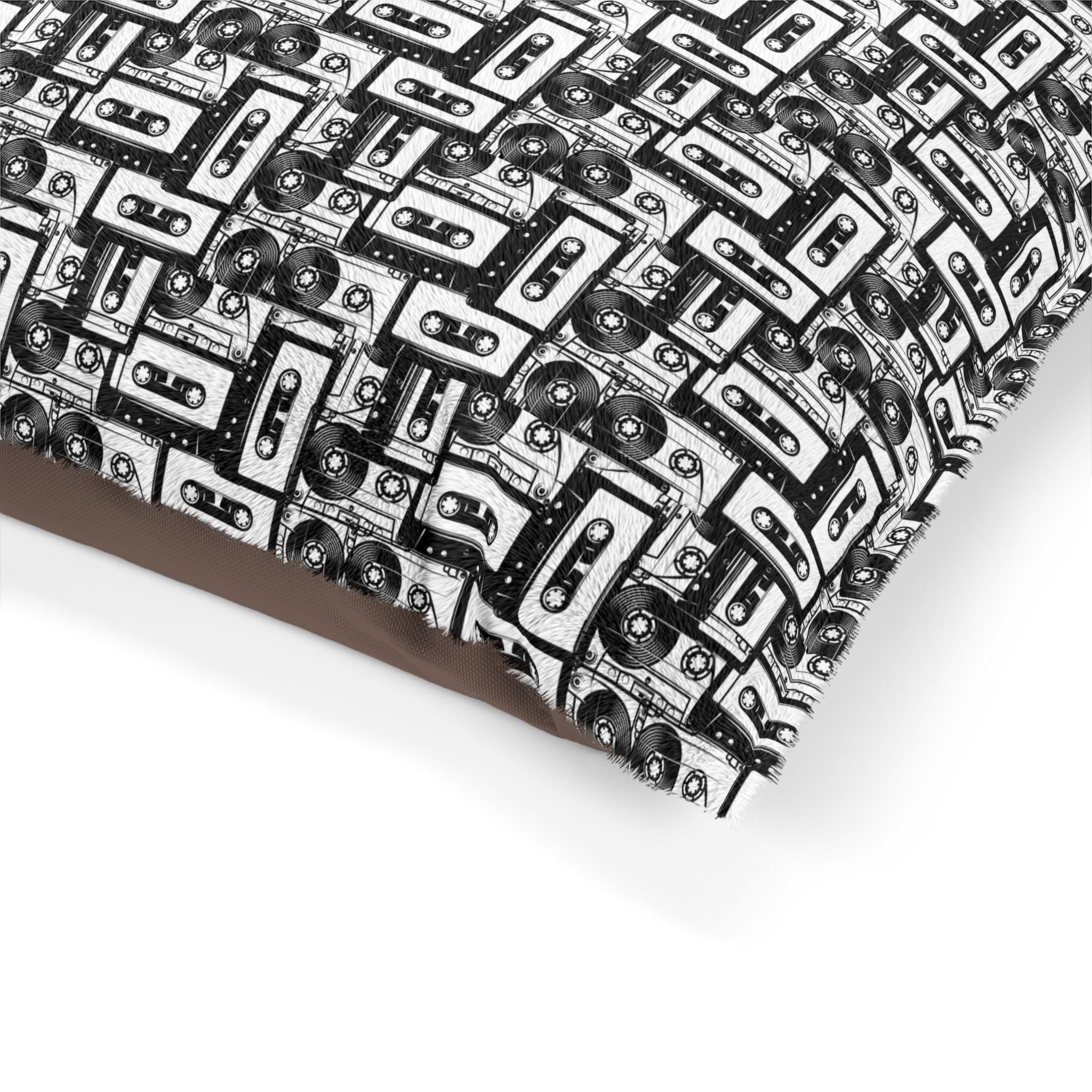 Retro Cassette Tape Pattern Pet Bed | Black White Music Design