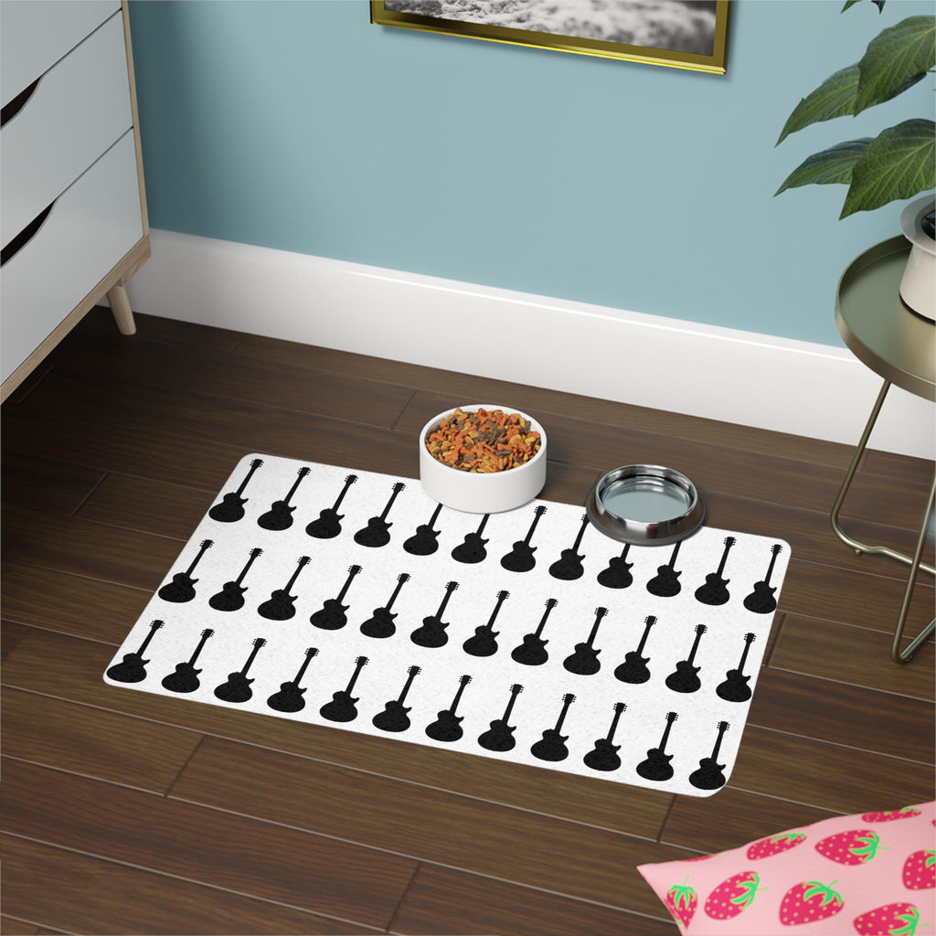 Black Guitar Pattern Pet Food Mat | 12x18 Rectangle
