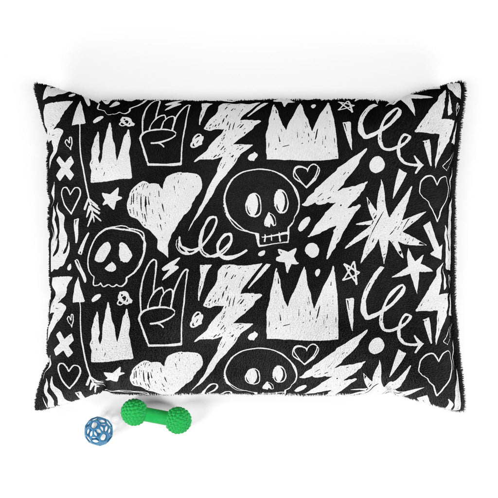 Skull Crown Graffiti Pet Bed | Black White Punk Pattern