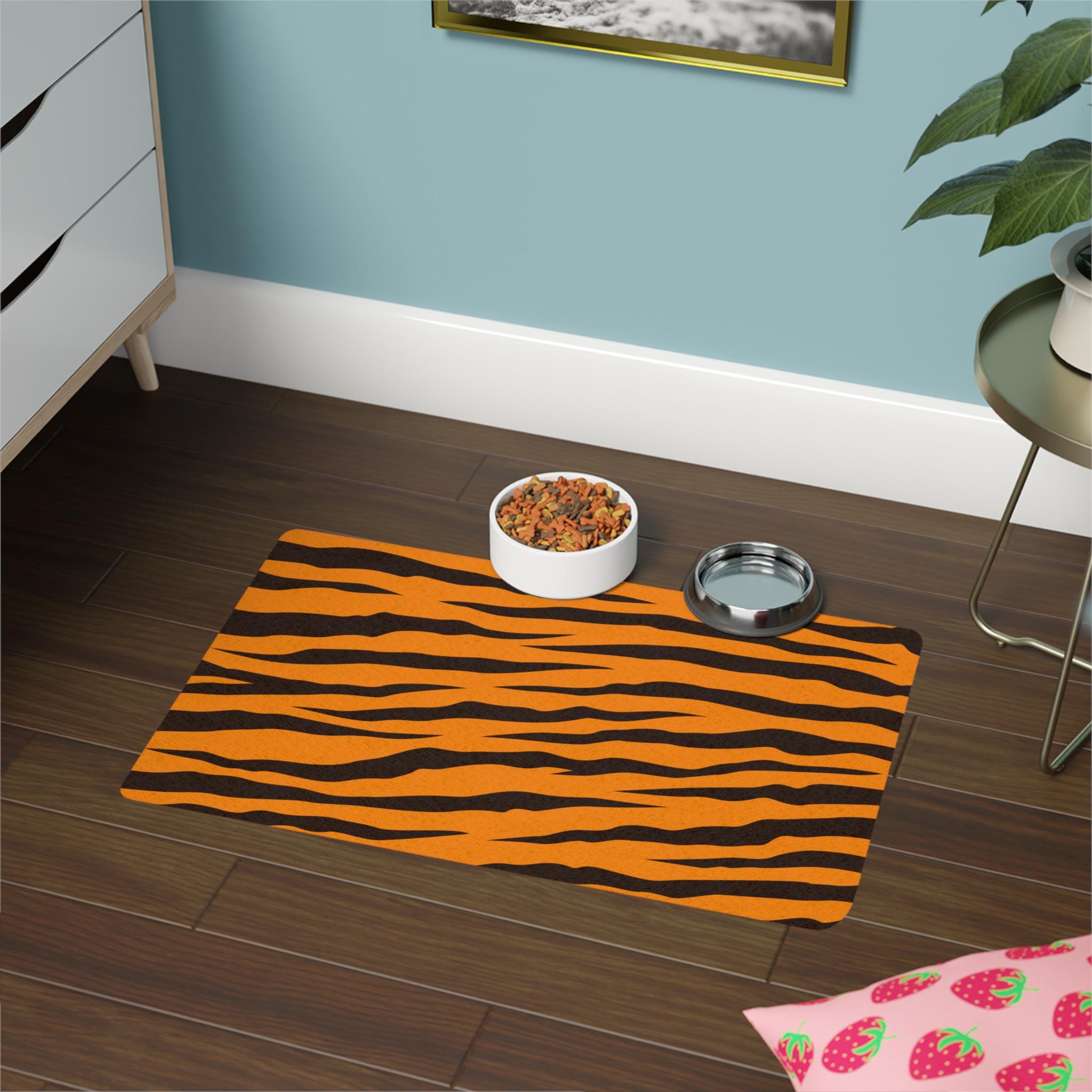 Tiger Stripe Pet Food Mat 12x18 | Orange Black Animal Print
