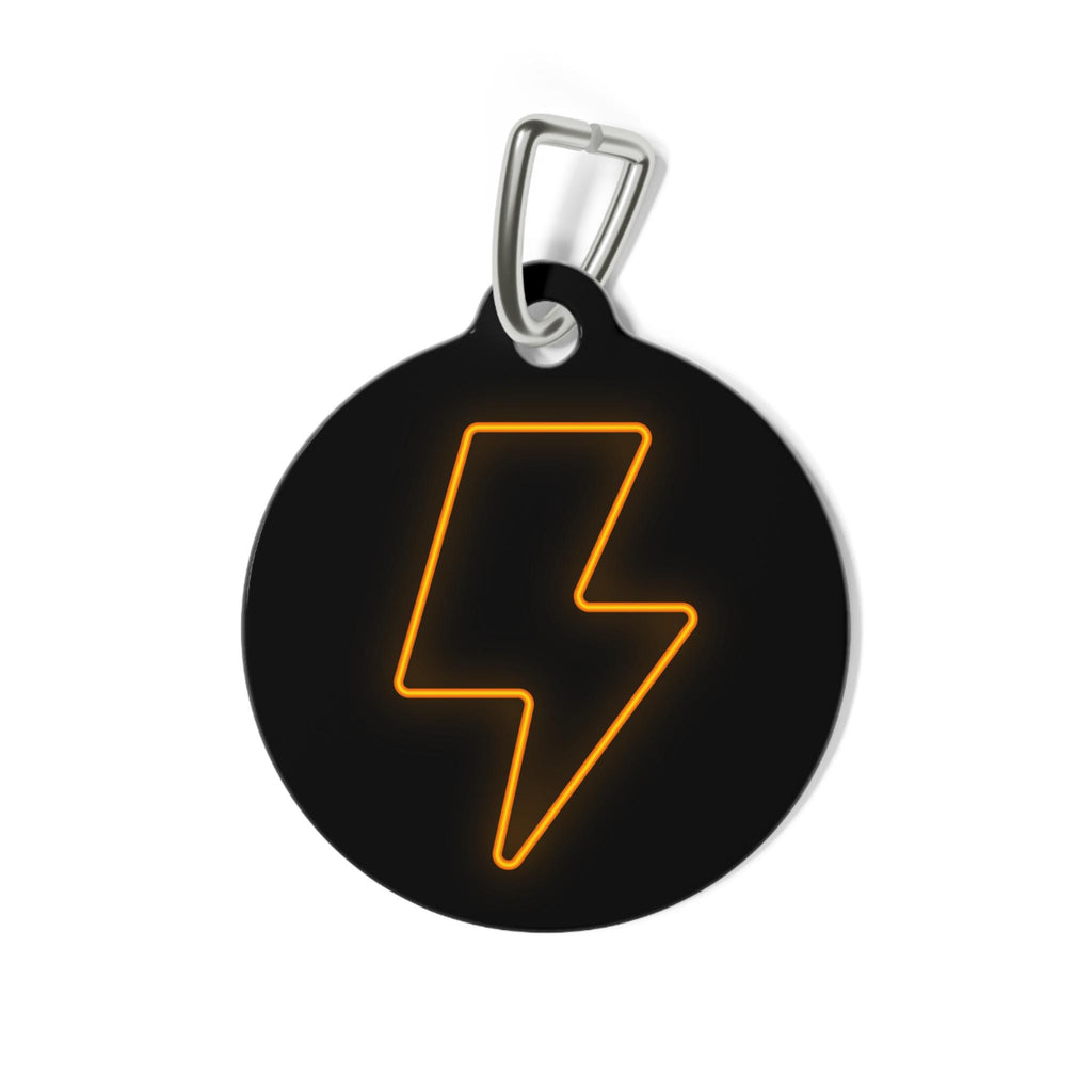 Neon Lightning Bolt Pet Tag | Round Engraved ID Tag, Black Orange