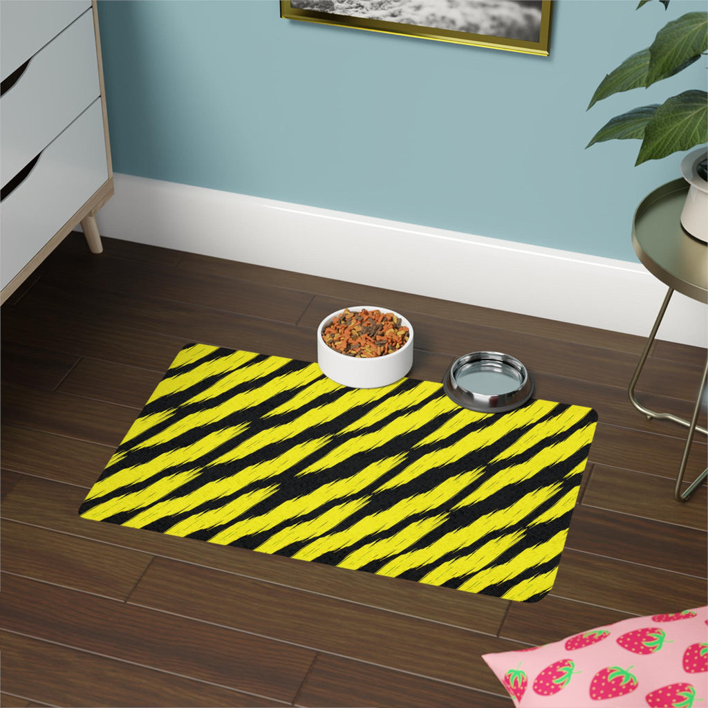 Yellow Black Tiger Stripe Pet Food Mat 12x18 | Waterproof Feeding Mat