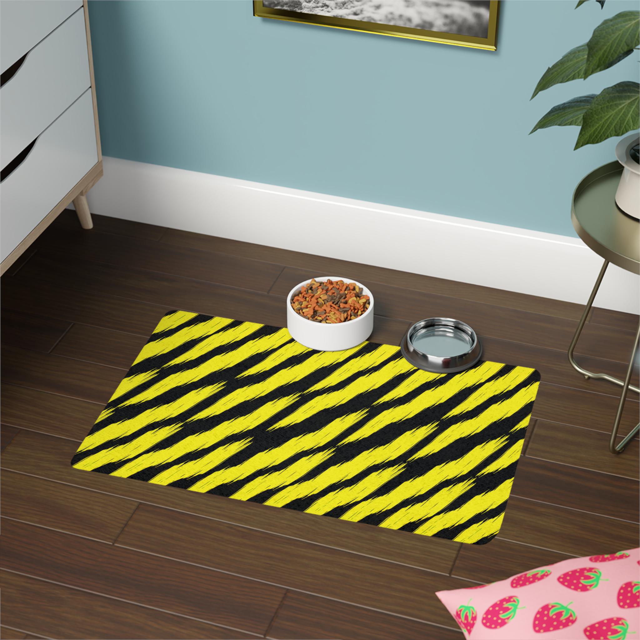 Yellow Black Tiger Stripe Pet Food Mat 12x18 | Waterproof Feeding Mat
