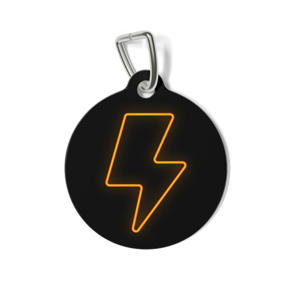 Neon Lightning Bolt Pet Tag | Round Engraved ID Tag, Black Orange