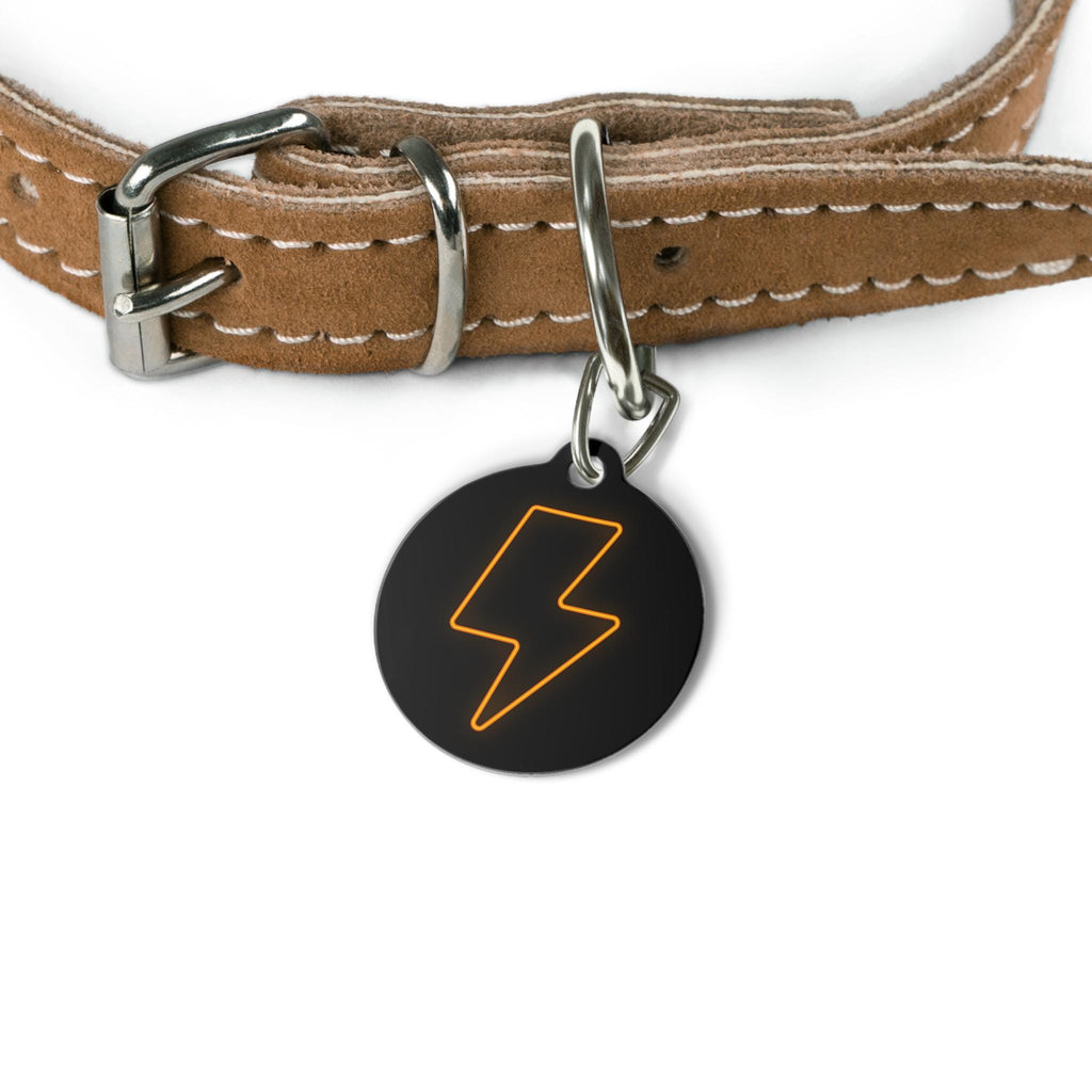 Neon Lightning Bolt Pet Tag | Round Engraved ID Tag, Black Orange