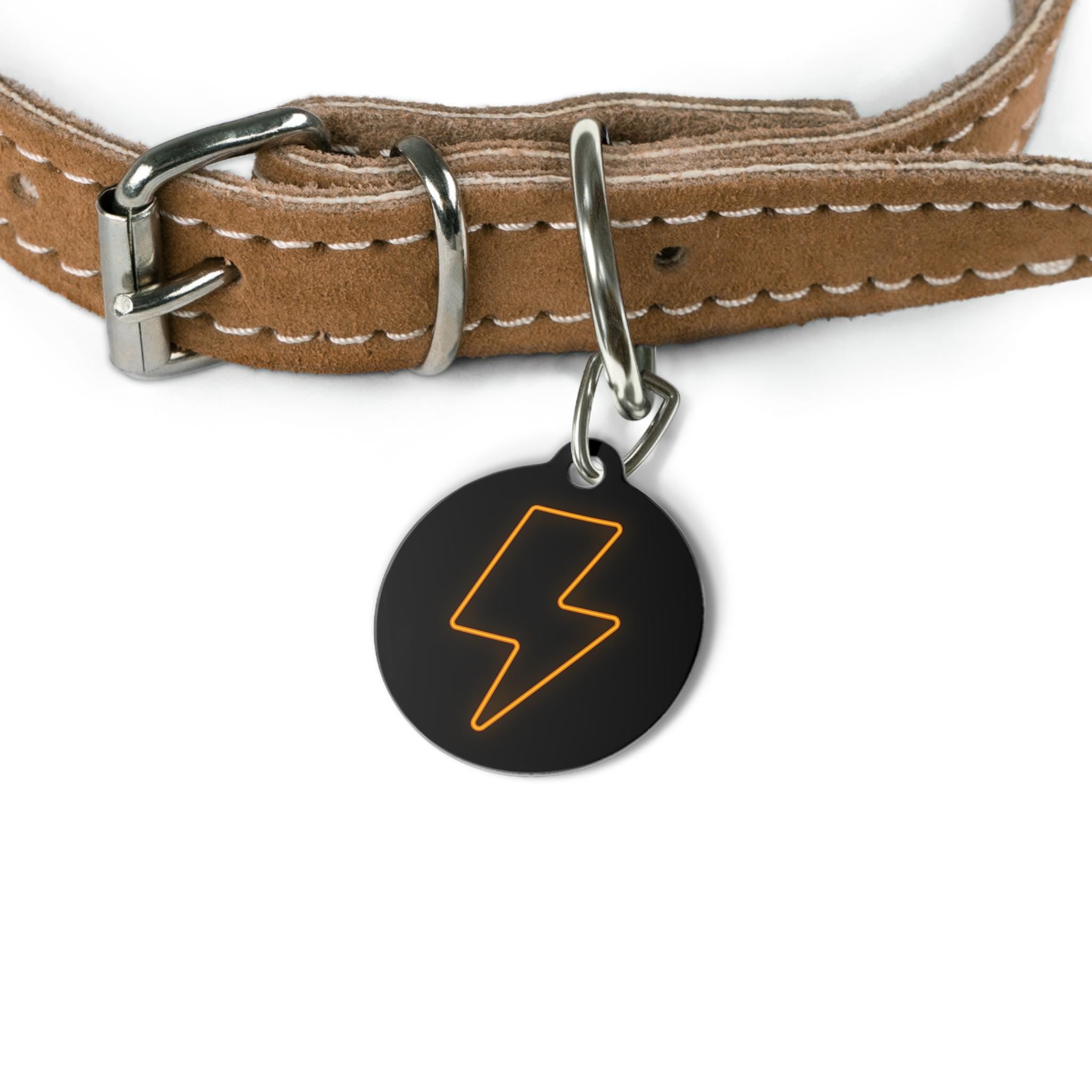 Neon Lightning Bolt Pet Tag | Round Engraved ID Tag, Black Orange