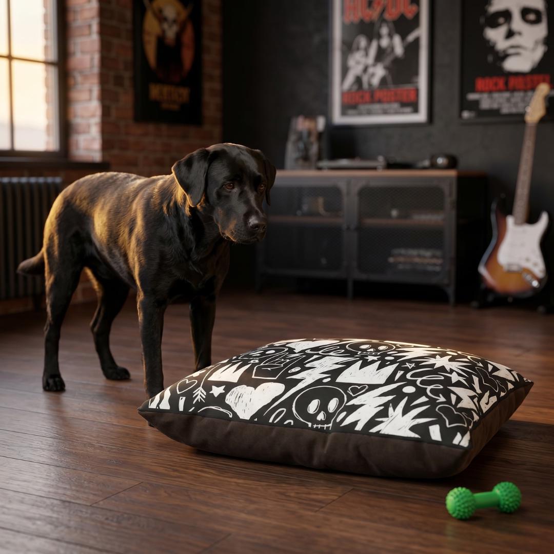 Skull Crown Graffiti Pet Bed | Black White Punk Pattern