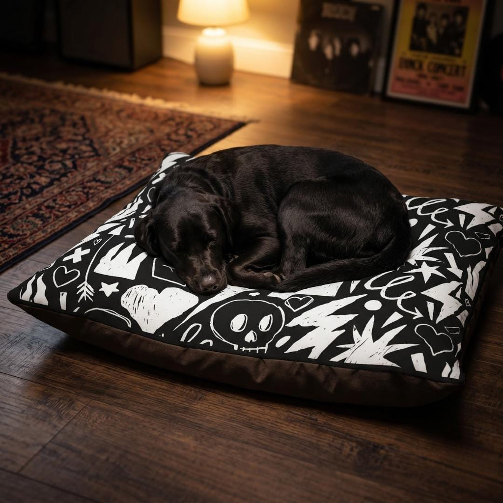 Skull Crown Graffiti Pet Bed | Black White Punk Pattern