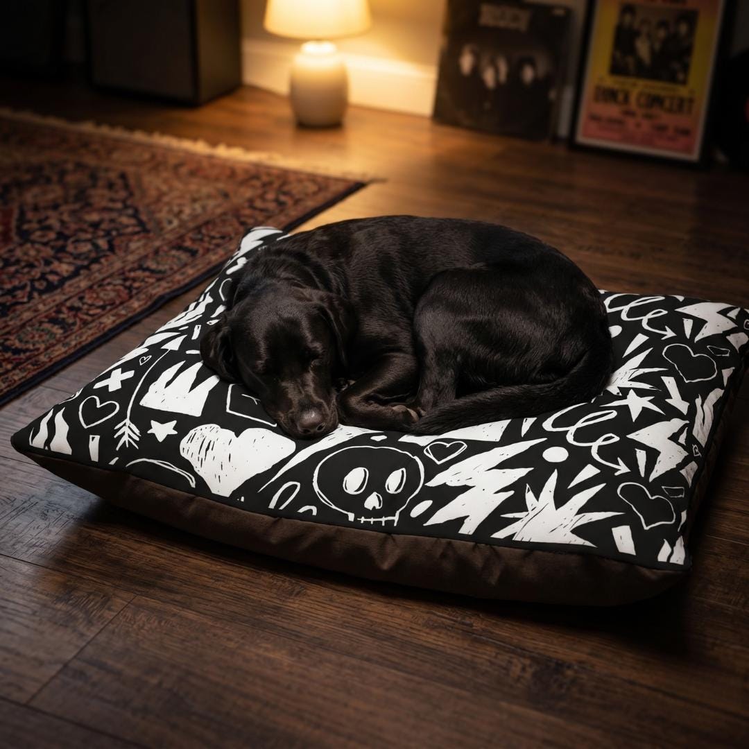 Skull Crown Graffiti Pet Bed | Black White Punk Pattern