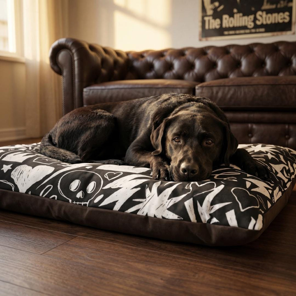 Skull Crown Graffiti Pet Bed | Black White Punk Pattern