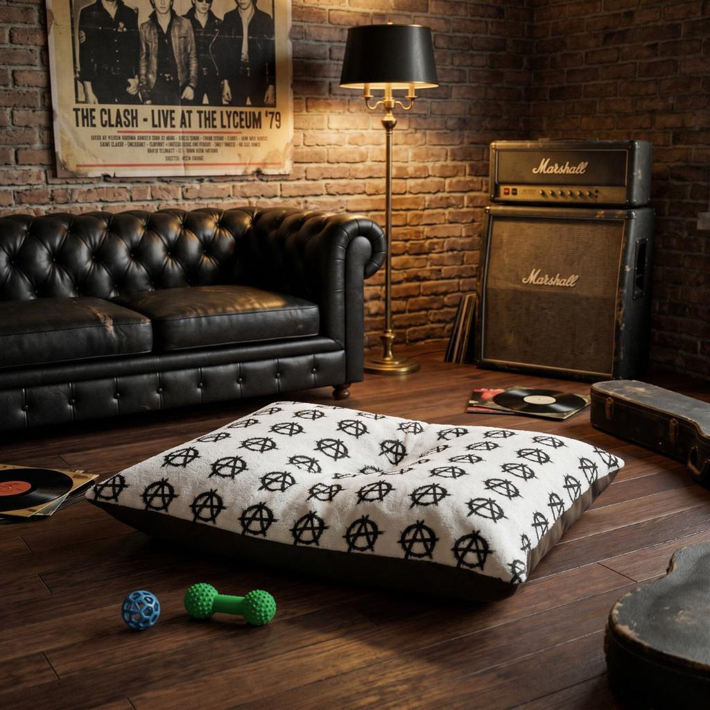Anarchy Symbol Pet Bed | Black Graffiti Pattern, Rectangular Plush Cushion