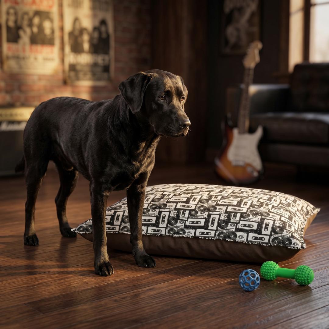 Retro Cassette Tape Pattern Pet Bed | Black White Music Design