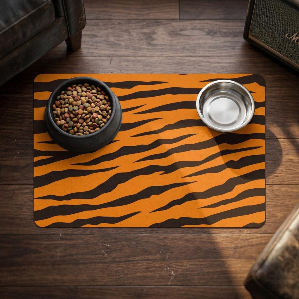 Tiger Stripe Pet Food Mat 12x18 | Orange Black Animal Print
