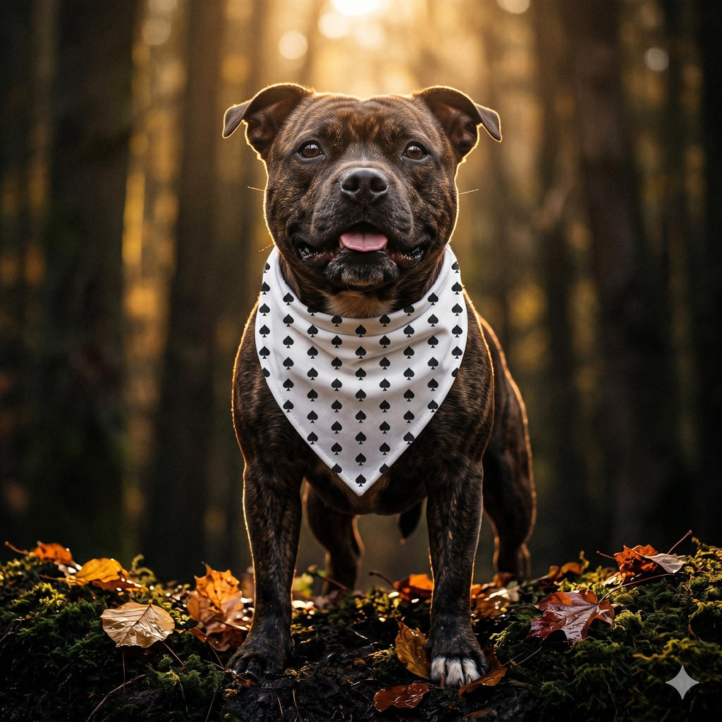 Ace of Spades Dog Bandana, White & Black, Over the Collar