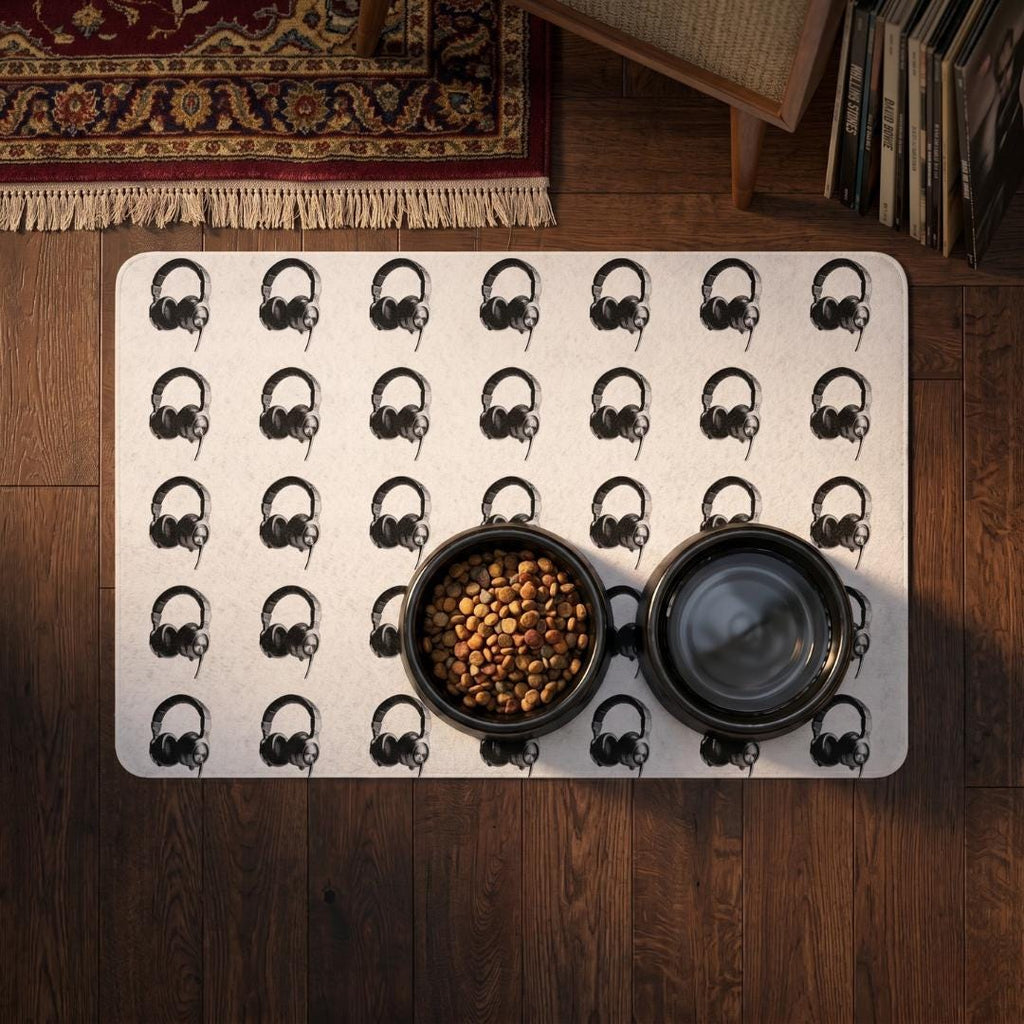 Headphones Pattern Pet Food Mat, Non-Slip Waterproof Dog Feeding Mat