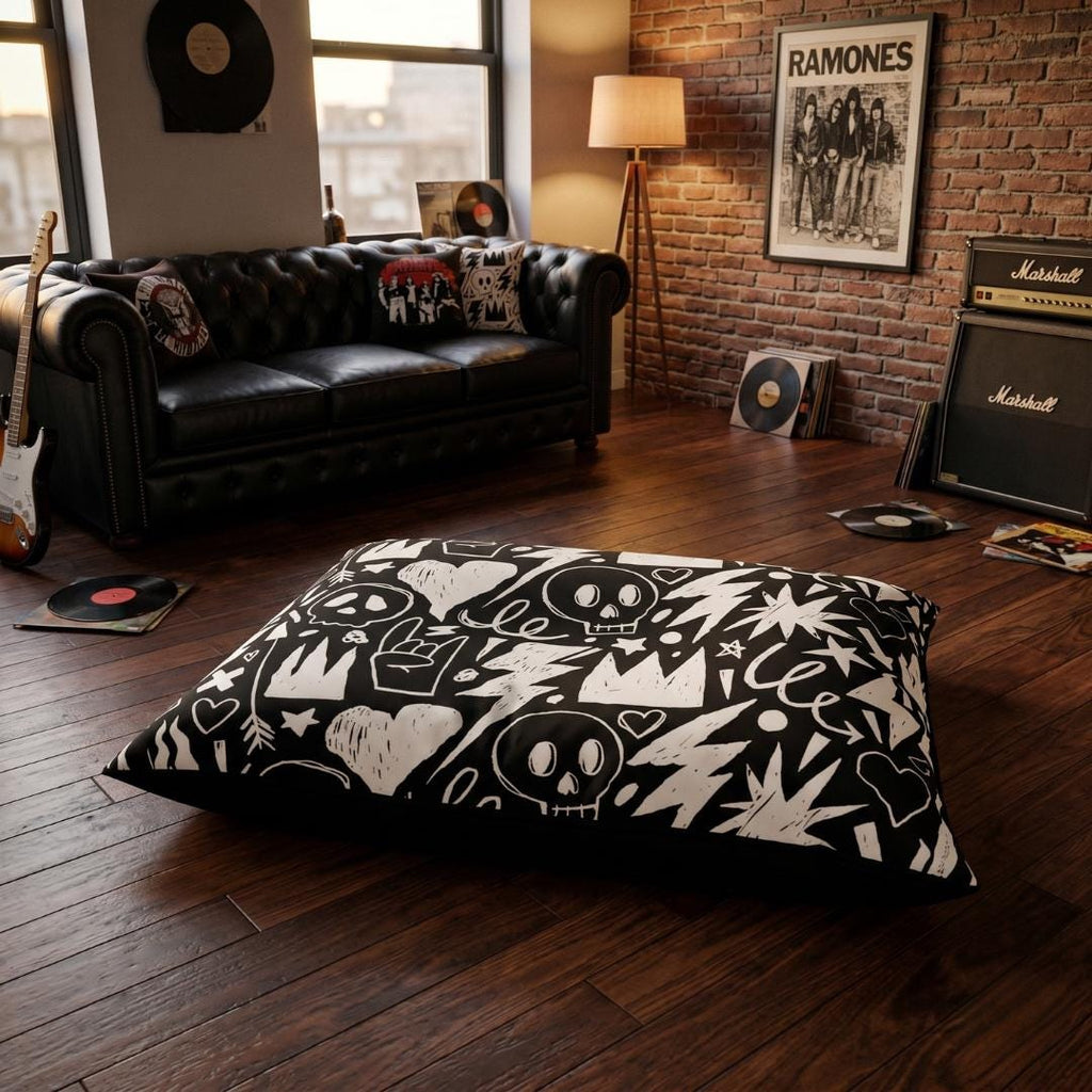 Skull Crown Graffiti Pet Bed | Black White Punk Pattern