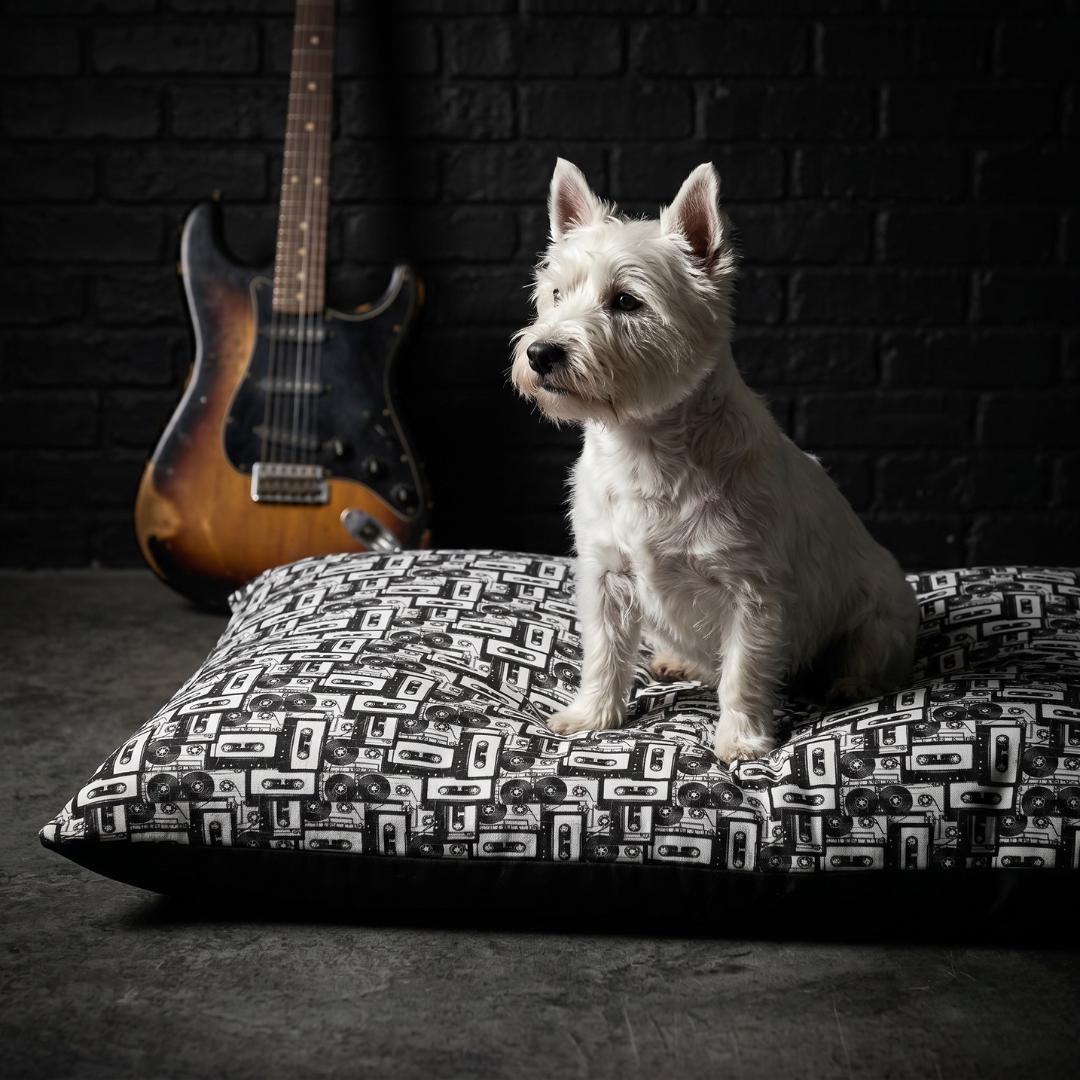 Retro Cassette Tape Pattern Pet Bed | Black White Music Design