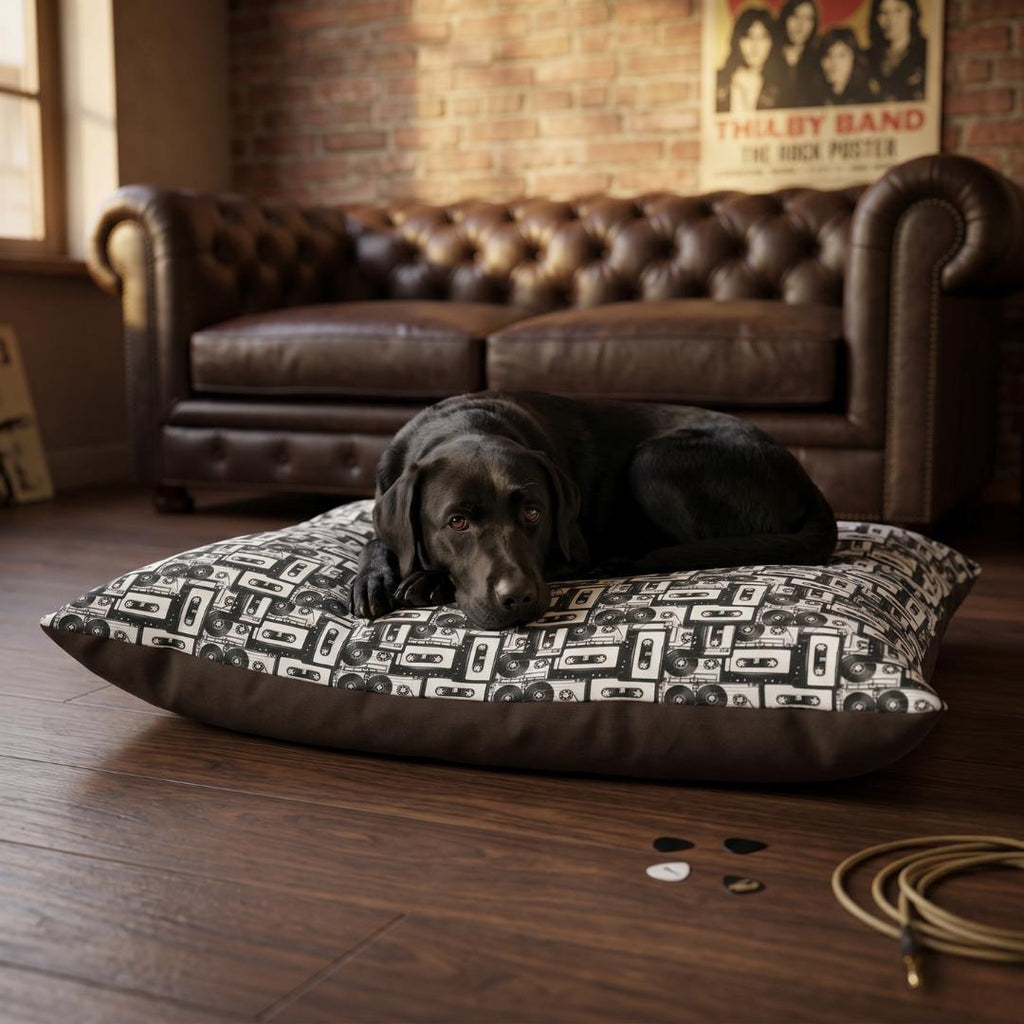 Retro Cassette Tape Pattern Pet Bed | Black White Music Design