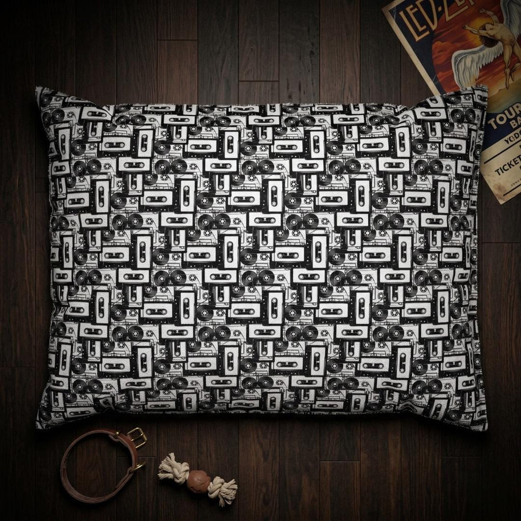 Retro Cassette Tape Pattern Pet Bed | Black White Music Design