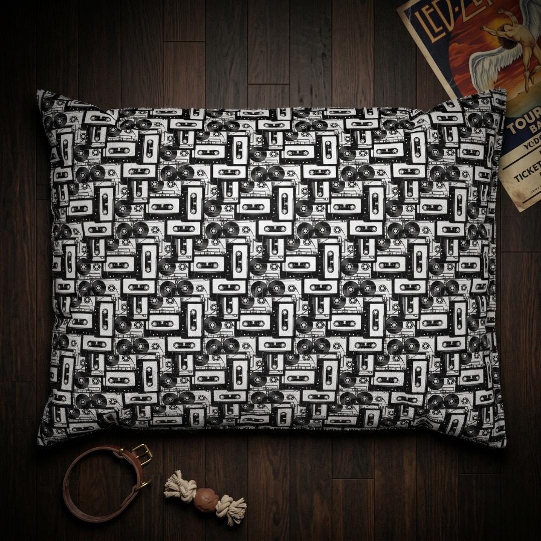Retro Cassette Tape Pattern Pet Bed | Black White Music Design