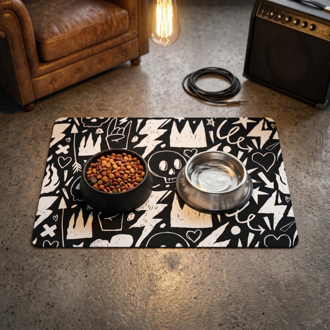 Black Skull Crown Lightning Pet Food Mat |  Dog Bowl Placemat