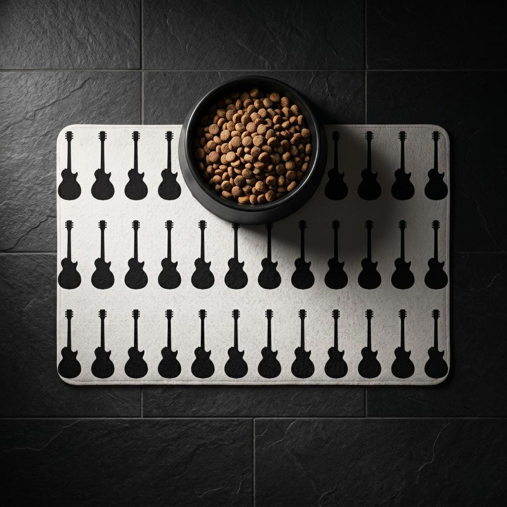 Black Guitar Pattern Pet Food Mat | 12x18 Rectangle