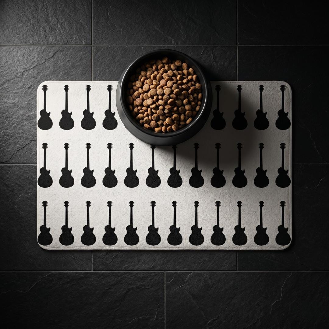 Black Guitar Pattern Pet Food Mat | 12x18 Rectangle