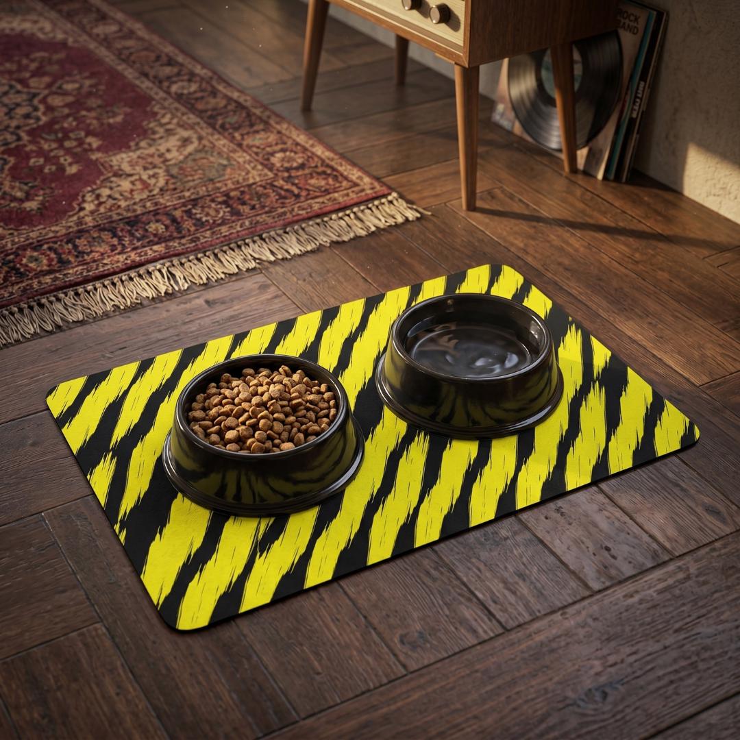 Yellow Black Tiger Stripe Pet Food Mat 12x18 | Waterproof Feeding Mat